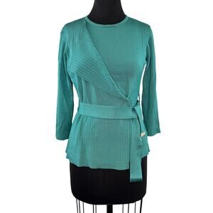 Purificacion Garcia Teal Green Sweater Top Ribbed Knit Faux Wrap Belted Large L